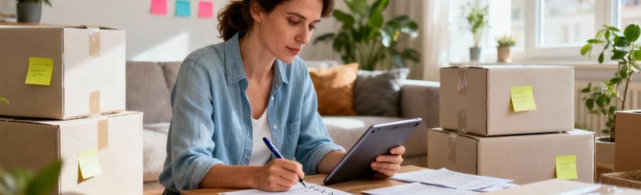 Femme consultant checklist déménagement sur tablette, organisation méthodique avec cartons étiquetés