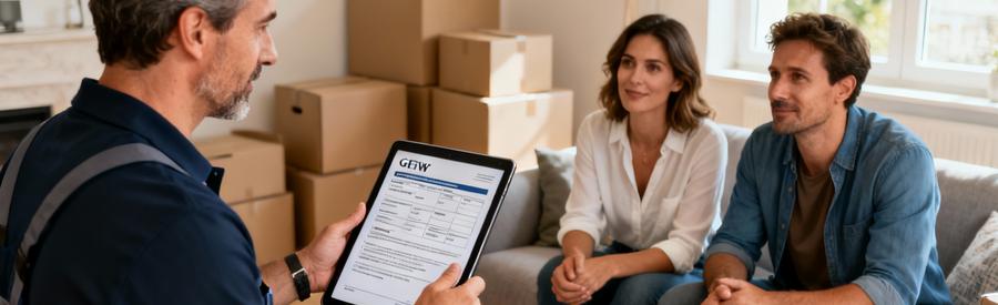 Déménageur présentant devis détaillé à couple clients, échange professionnel confiant salon moderne