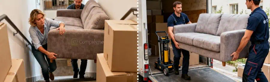 Comparaison déménagement autonome difficile versus intervention professionnelle maîtrisée avec équipement adapté