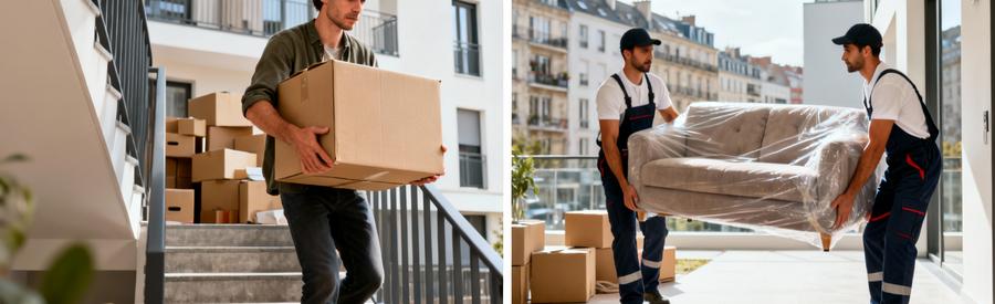 Comparaison Demenagement Solo Professionnel Roubaix Comparaison déménagement solo fatigant versus équipe professionnelle efficace transportant mobilier avec coordination