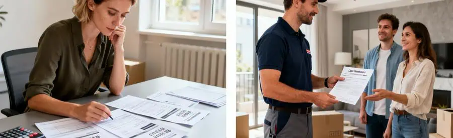 Femme comparant devis déménagement et professionnel présentant documents assurance à clients