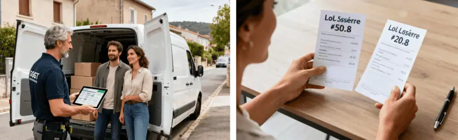 Échange déménageur-clients et comparaison documents devis, choix professionnel