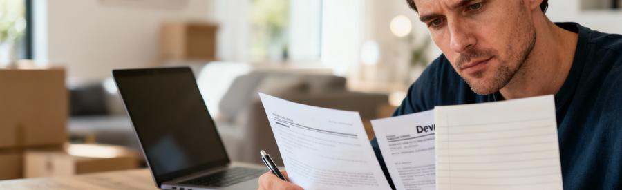 Homme comparant plusieurs devis déménagement à domicile, analyse documents