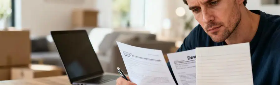 Homme comparant plusieurs devis déménagement à domicile, analyse documents