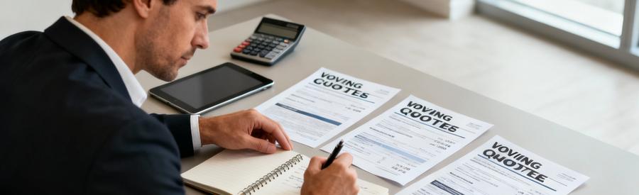 Professionnel comparant trois devis déménagement, analyse détaillée des offres sur table