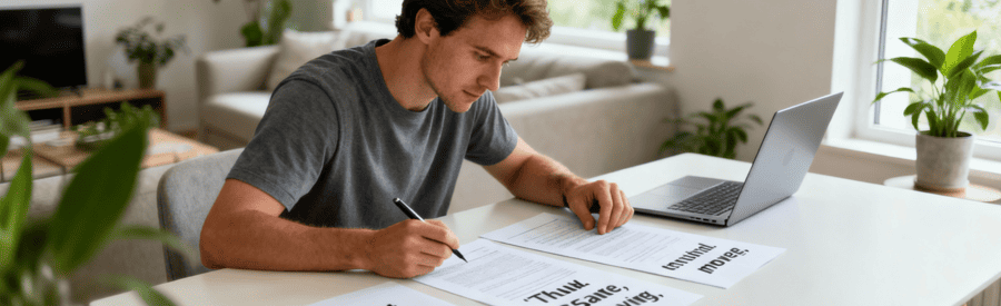 Comparaison Devis Demenagement Analyse Documents Homme analysant plusieurs devis déménagement dans salon moderne, expression concentrée et réfléchie