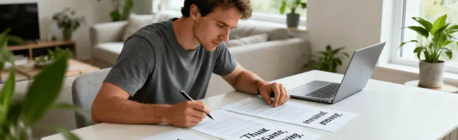 Homme analysant plusieurs devis déménagement dans salon moderne, expression concentrée et réfléchie