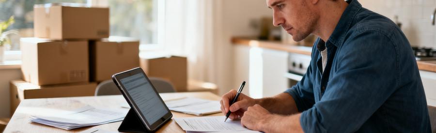 Particulier comparant plusieurs devis déménagement sur tablette, documents étalés, expression concentrée