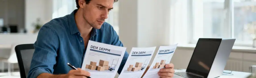 Particulier comparant plusieurs devis de déménagement à son bureau, expression concentrée