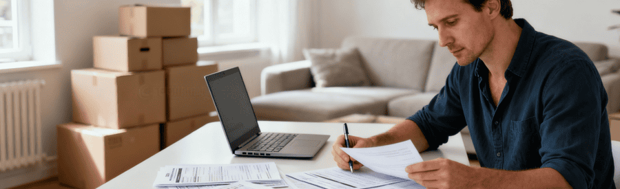 Comparaison Devis Demenagement Choix Serein Particulier comparant plusieurs devis de déménagement à domicile, expression concentrée et réfléchie