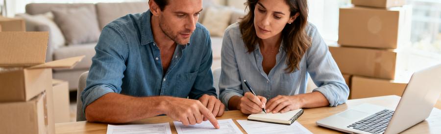 Couple analysant plusieurs devis de déménagement à domicile, lecture attentive documents