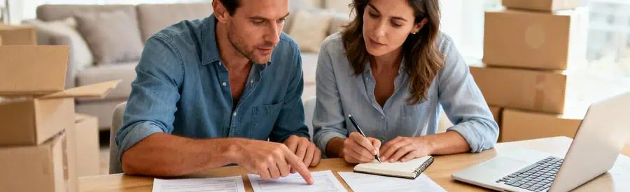Couple analysant plusieurs devis de déménagement à domicile, lecture attentive documents