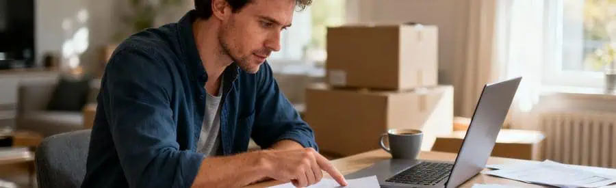 Homme comparant documents devis déménagement à son bureau, expression concentrée et réfléchie