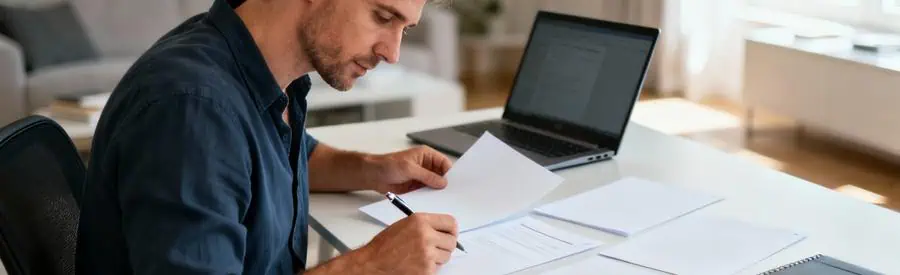 Homme comparant plusieurs devis de déménagement à son bureau, documents étalés, expression concentrée