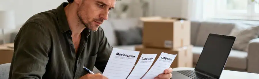 Particulier comparant plusieurs devis de déménagement à domicile, documents étalés sur table