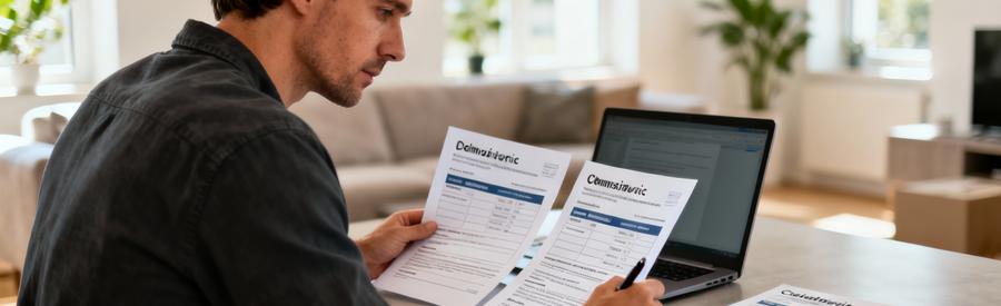 Comparaison Devis Demenagement Marcq En Baroeul Homme comparant plusieurs devis de déménagement sur table, expression concentrée, salon moderne