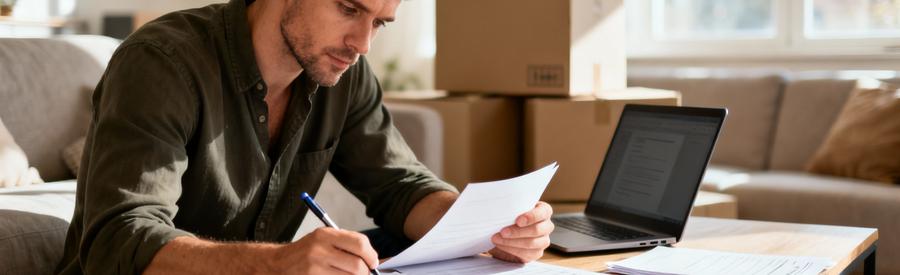 Comparaison Devis Demenagement Particulier Homme examinant plusieurs devis de déménagement sur table, expression concentrée, cartons en arrière-plan