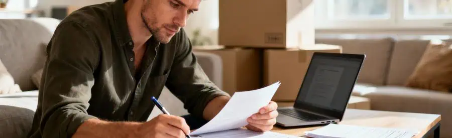 Homme examinant plusieurs devis de déménagement sur table, expression concentrée, cartons en arrière-plan