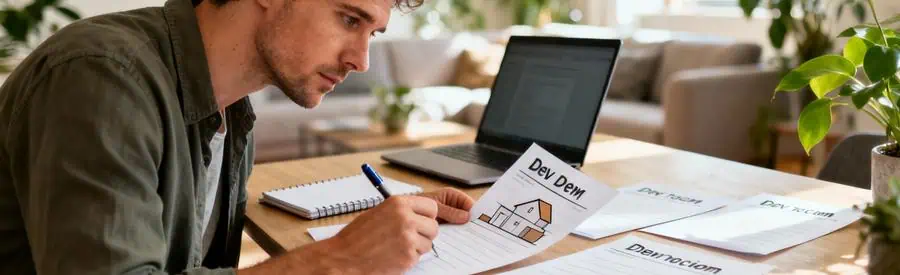 Particulier comparant plusieurs devis de déménagement sur table, lecture attentive des documents