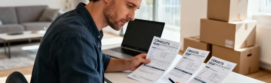 Particulier comparant plusieurs devis de déménagement à son bureau, documents étalés, expression concentrée