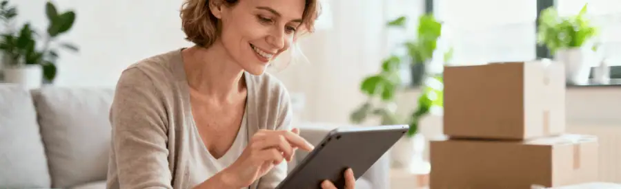 Femme comparant devis déménagement sur tablette dans salon avec cartons préparés
