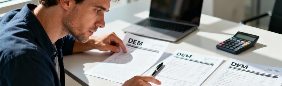 Homme comparant plusieurs devis déménagement sur bureau, analyse détaillée documents