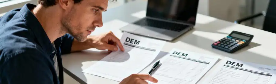 Homme comparant plusieurs devis déménagement sur bureau, analyse détaillée documents