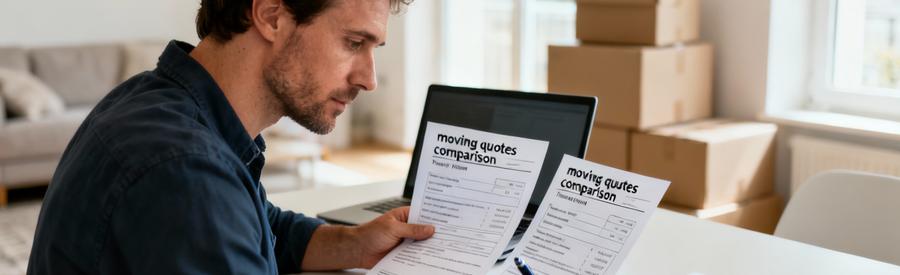 Particulier comparant plusieurs devis déménagement à domicile, analyse attentive documents