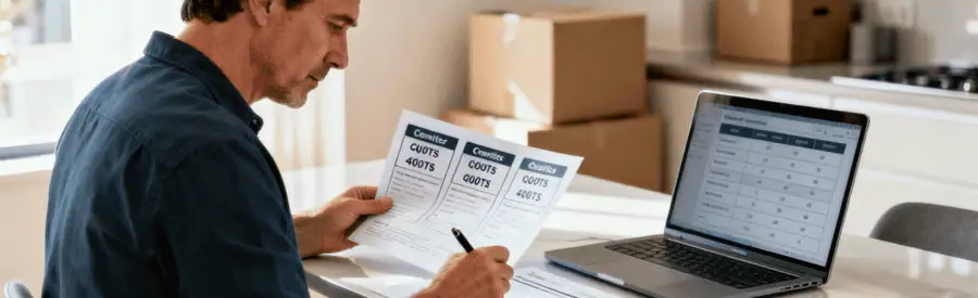 Client comparant plusieurs devis déménagement, analyse attentive des prestations et tarifs