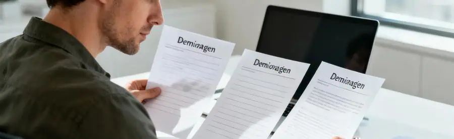 Homme comparant plusieurs devis de déménagement sur bureau moderne, analyse attentive documents