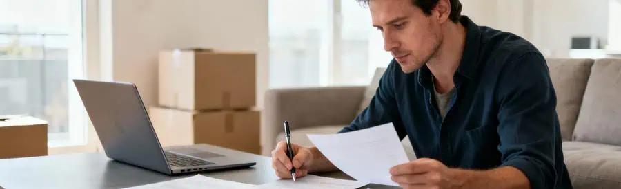 Particulier comparant plusieurs devis de déménagement sur table, documents étalés, expression concentrée