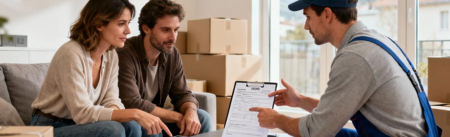 Déménageur présentant devis détaillé à clients, conseil transparent et professionnel à Chambéry