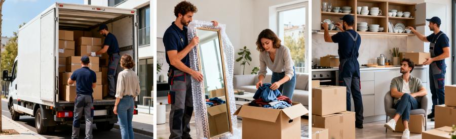 Trois formules déménagement : économique avec transport seul, intermédiaire avec aide emballage, tout compris clé en main