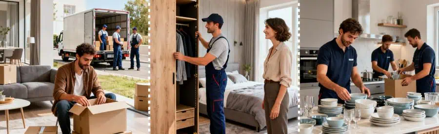 Trois scènes comparant formules déménagement : économique, standard et premium avec déménageurs professionnels