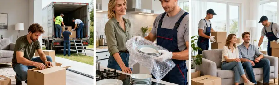 Trois scènes comparant formules déménagement : autonome, standard et tout compris avec professionnels