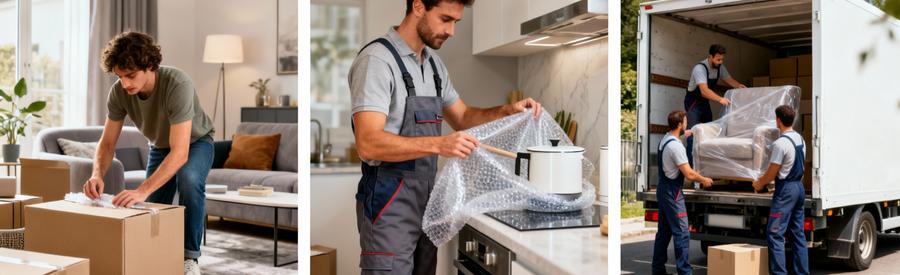 Trois formules déménagement : particulier emballant seul, professionnel protégeant fragiles, équipe complète chargeant