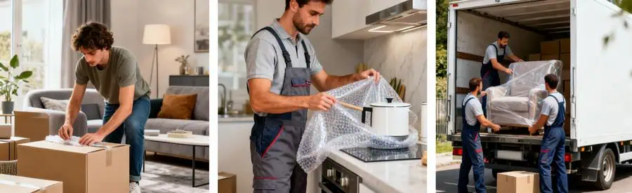 Trois formules déménagement : particulier emballant seul, professionnel protégeant fragiles, équipe complète chargeant