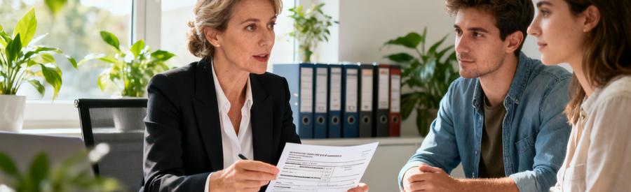 Travailleuse sociale conseillant couple pour aide financière déménagement, bureau accueillant moderne