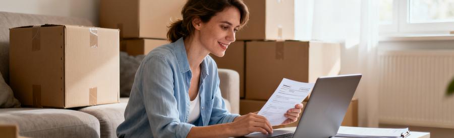 Femme consultant documents aides financières déménagement sur ordinateur, cartons en arrière-plan