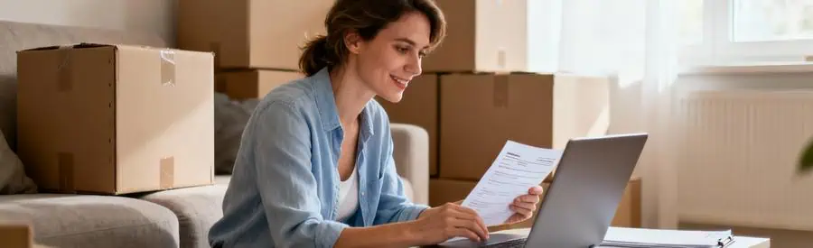 Femme consultant documents aides financières déménagement sur ordinateur, cartons en arrière-plan