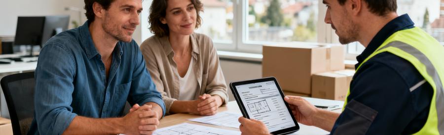 Déménageur présentant devis détaillé sur tablette à clients, consultation professionnelle Chambéry