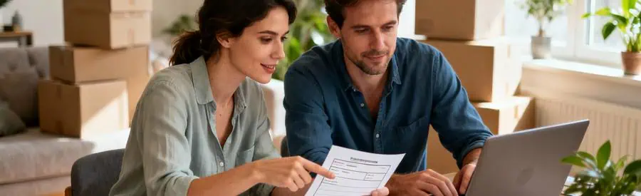 Couple consultant documents administratifs pour aides financières déménagement, salon moderne lumineux
