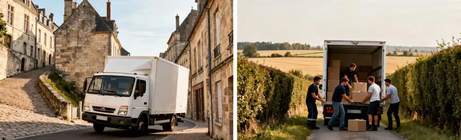 Camion déménagement manœuvrant rue étroite ville historique et route rurale Aisne, contraintes accès
