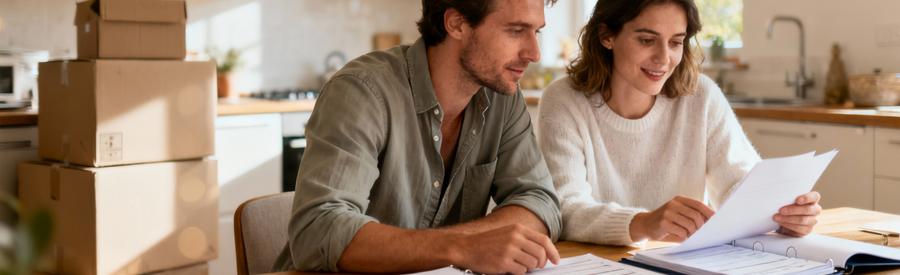 Couple consultant documents administratifs aides déménagement, cartons arrière-plan, ambiance rassurante