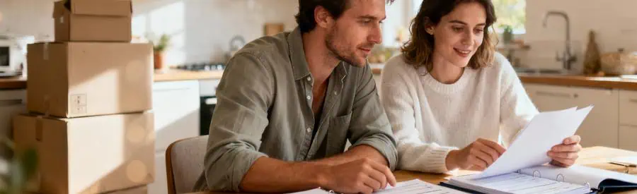 Couple consultant documents administratifs aides déménagement, cartons arrière-plan, ambiance rassurante