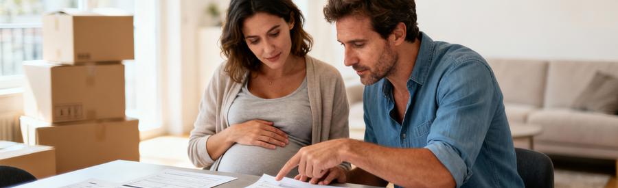 Couple consultant documents administratifs pour aides déménagement, cartons en arrière-plan