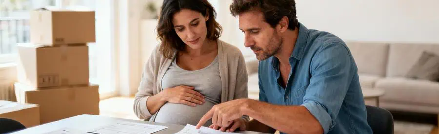 Couple consultant documents administratifs pour aides déménagement, cartons en arrière-plan