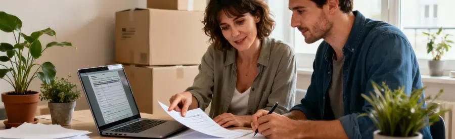 Couple consultant documents administratifs pour aides financières déménagement, cartons en arrière-plan