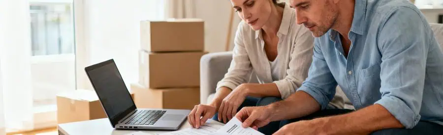 Couple consultant documents administratifs pour aides financières déménagement, salon moderne lumineux