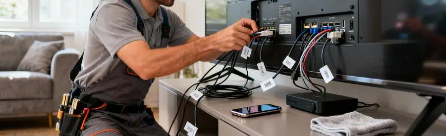 Déménageur débranchant câbles téléviseur avec étiquetage méthodique des connexions